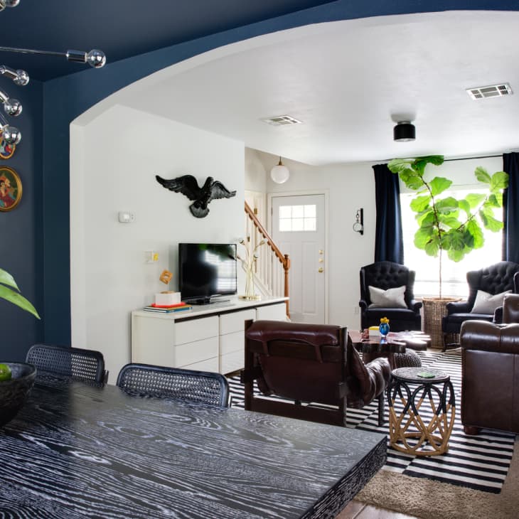 Open living room with dark blue walls, leather sofas, striped rug, large plant, and modern chandelier.