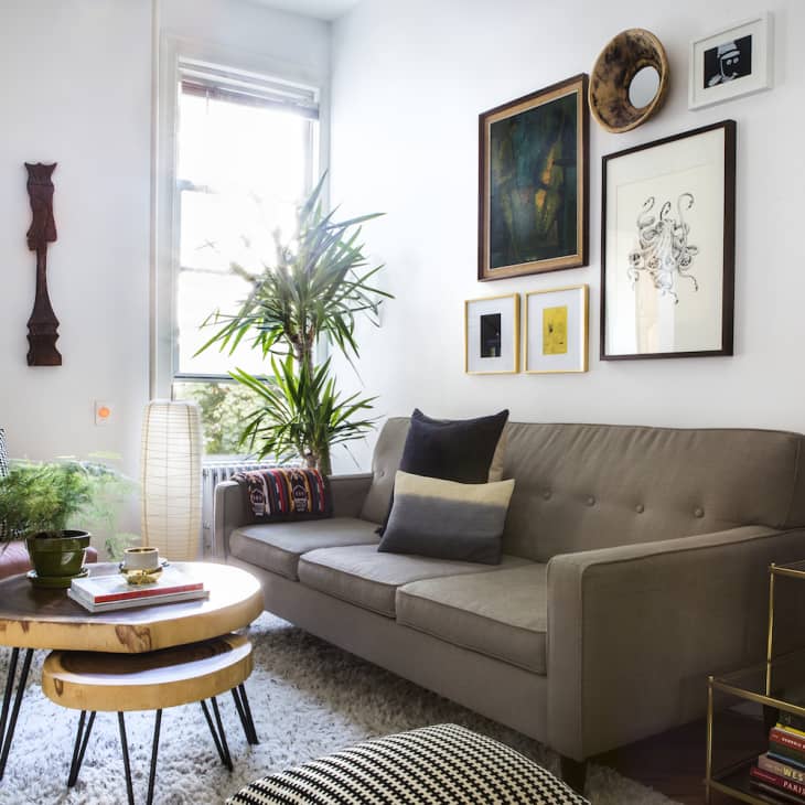 Cozy living room with a gray sofa, wall art, plants, and a round coffee table on a white rug.