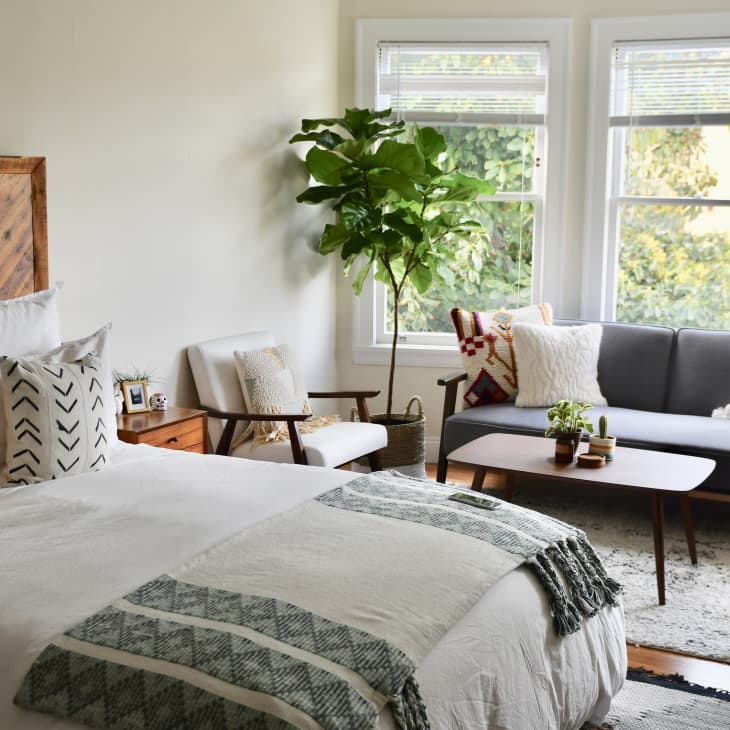 Cozy bedroom with a wooden headboard, patterned pillows, a gray sofa, and a large potted plant by the window.