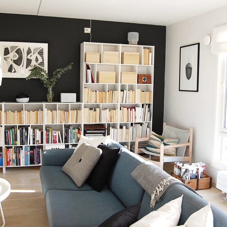 Modern living room with blue sofa, white bookshelves, black accent wall, and large windows.