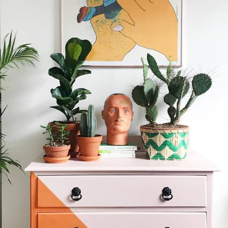 Pink and orange dresser with potted plants, a head sculpture, and a colorful abstract wall art.