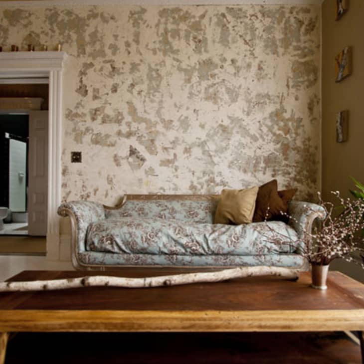 Floral-patterned sofa with brown cushions against a textured wall, wooden coffee table, and potted plant in a cozy living room.