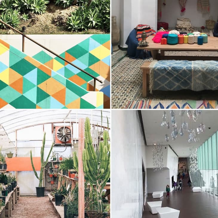 Colorful geometric mural on stairs, cozy room with yarn and laptop, greenhouse with cacti, modern hallway with glass walls.