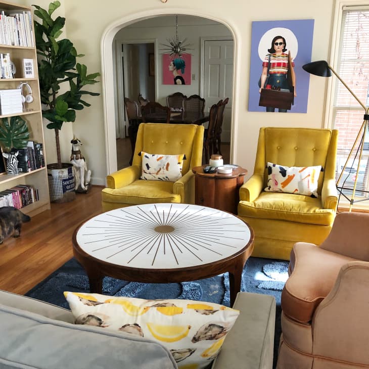 Living room with yellow armchairs, round coffee table, bookshelves, cat, and a large window with a floor lamp.