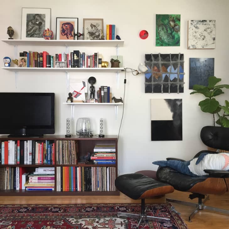 Living room with bookshelves, TV, Eames lounge chair, art on walls, and a large plant by the window.