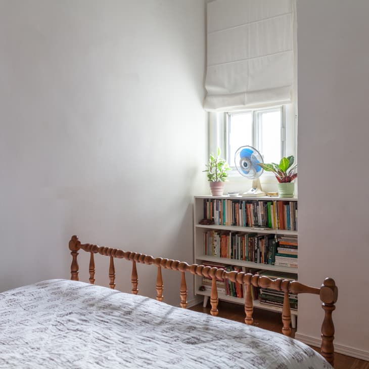 Cozy bedroom with wooden bed, bookshelf, potted plants, and a fan by the window.