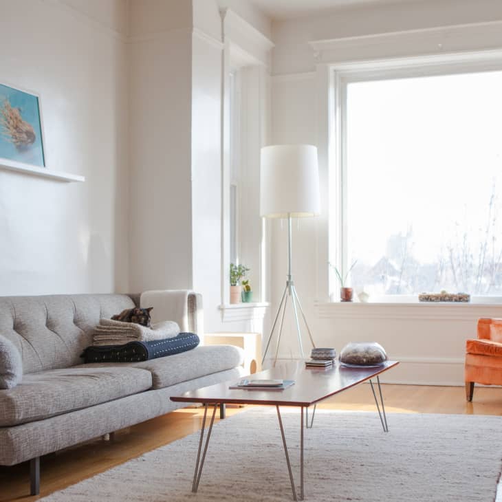 Mid-century modern living room with gray sofa, orange armchair, wooden coffee table, and large window with plants.