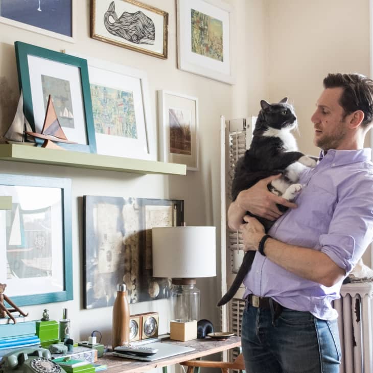 Man in a purple shirt holding a black and white cat in a room with framed art and shelves.
