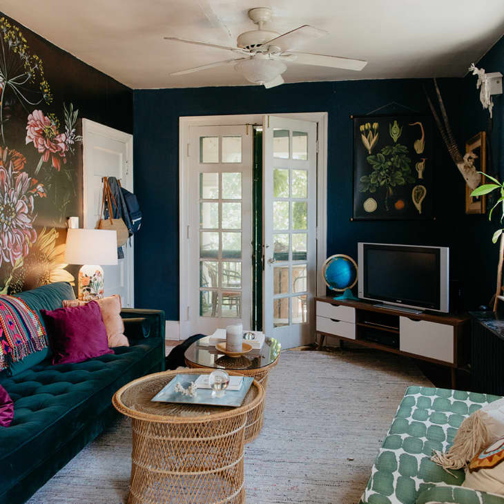 Living room with floral mural, green velvet sofa, wicker table, TV, globe, and potted plants by a window.