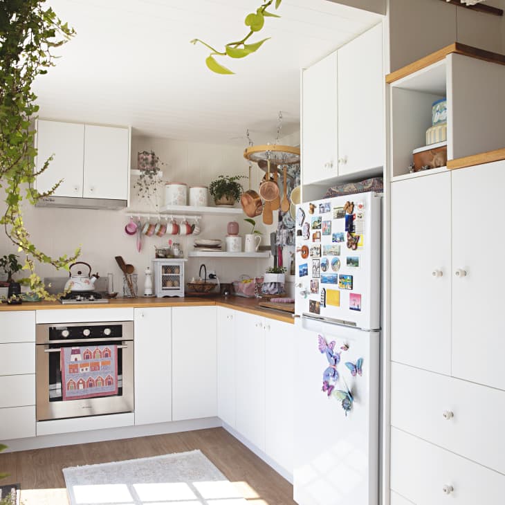 Bright kitchen with white cabinets, hanging plants, colorful fridge magnets, and wooden countertops.