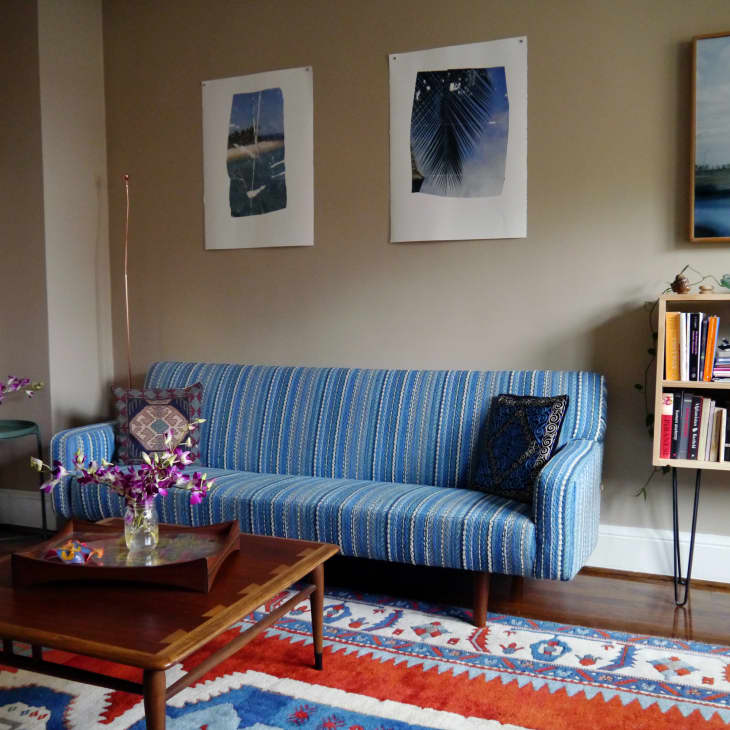 Living room with a blue striped sofa, wooden coffee table, colorful rug, and bookshelf, decorated with purple flowers and wall art.