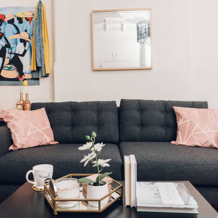 Dark gray sofa with pink geometric pillows, wall art, and a coffee table with a plant and books in a cozy living room.