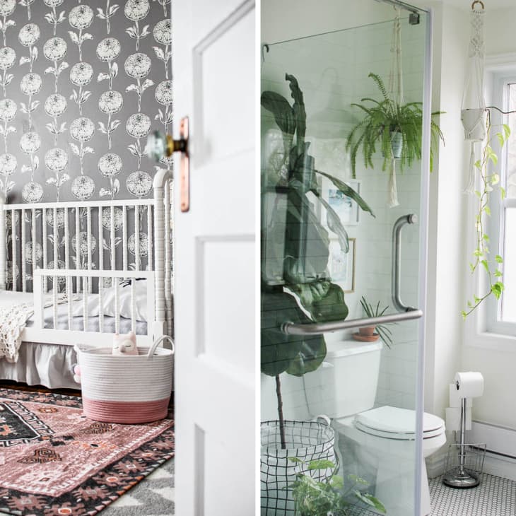 Nursery with floral wallpaper, white crib, and patterned rug; bathroom with glass shower, plants, and window.