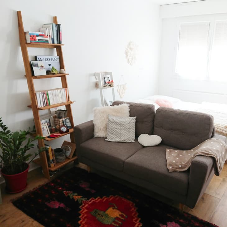 Cozy living room with a gray sofa, ladder bookshelf, potted plant, and colorful rug.