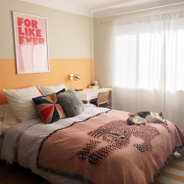 Bedroom with orange accent wall, colorful pillows, a cat on the bed, and a "For Like Ever" poster.