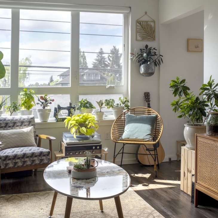 Bright living room with large windows, various potted plants, a gray armchair, rattan chair, and wooden sideboard.