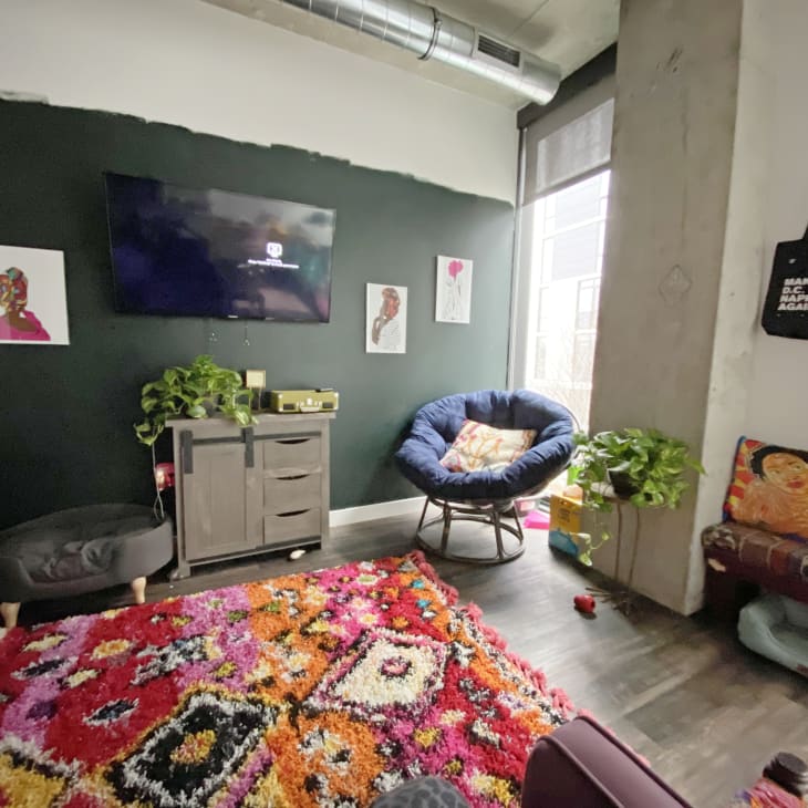 Cozy living room with colorful rug, wall art, TV, plants, and a cushioned chair by a large window.