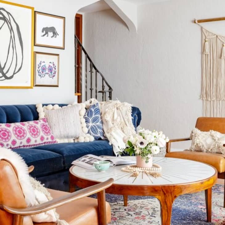 boho living room with large macrame wall hanging