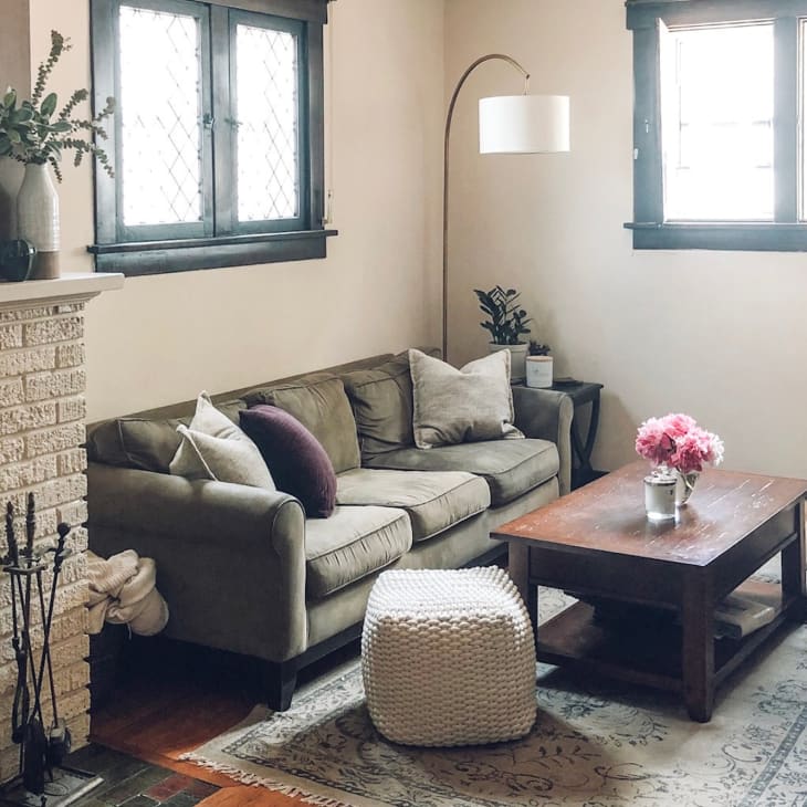 Cozy living room with a gray sofa, wooden coffee table, pink flowers, and a dog resting on a patterned rug.