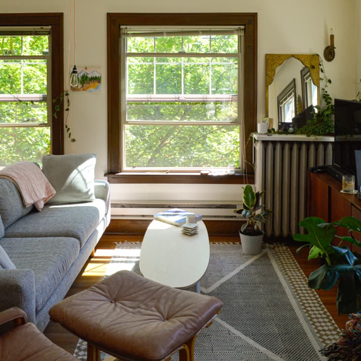 Cozy living room with gray sofa, plants, record player, and large windows letting in natural light.