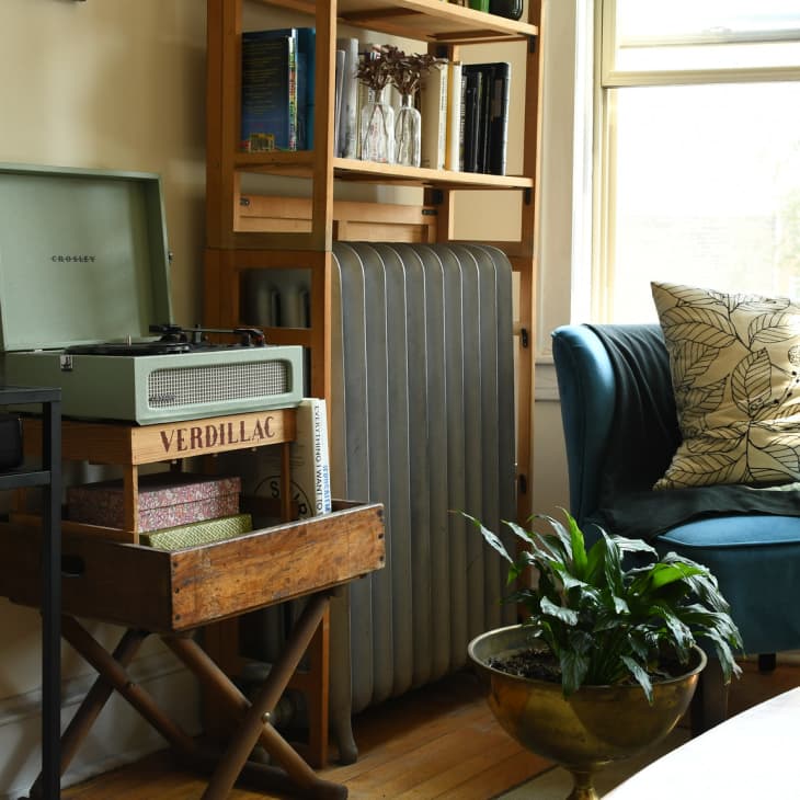 Cozy living room with a blue chair, leafy pillow, record player, and potted plant near a window.