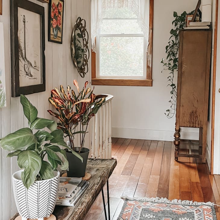 Hallway with wooden floor, potted plants, wall art, and a vintage cabinet near a window.