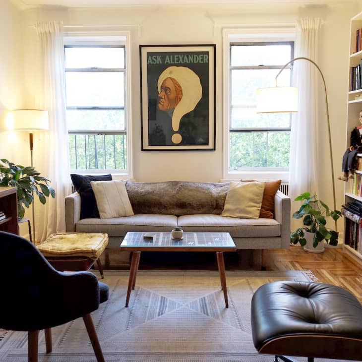 Cozy living room with a gray sofa, bookshelf, plants, and a vintage "Ask Alexander" poster above.