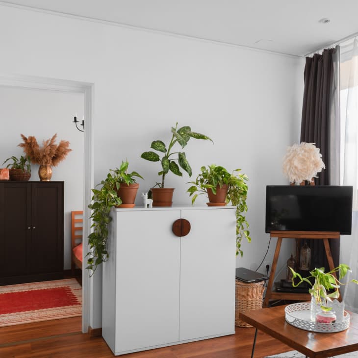 Living room with white cabinet and television on easel