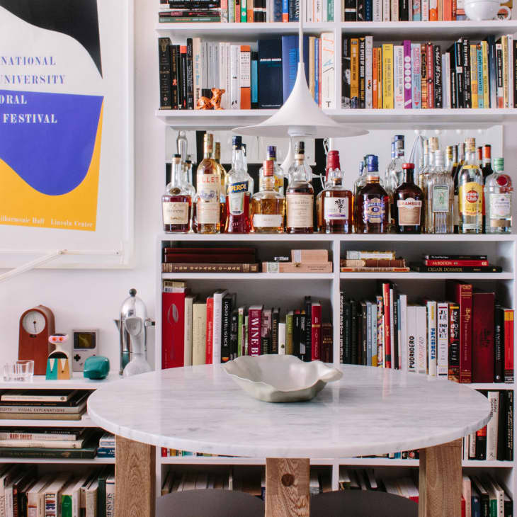 Bookshelves and bar area