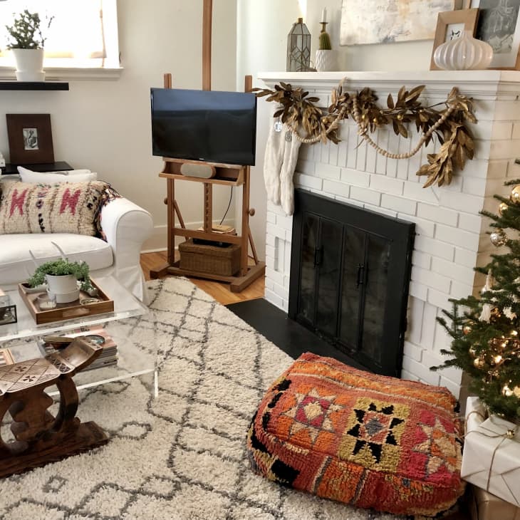 Living room with bohemian accents and Christmas decorations