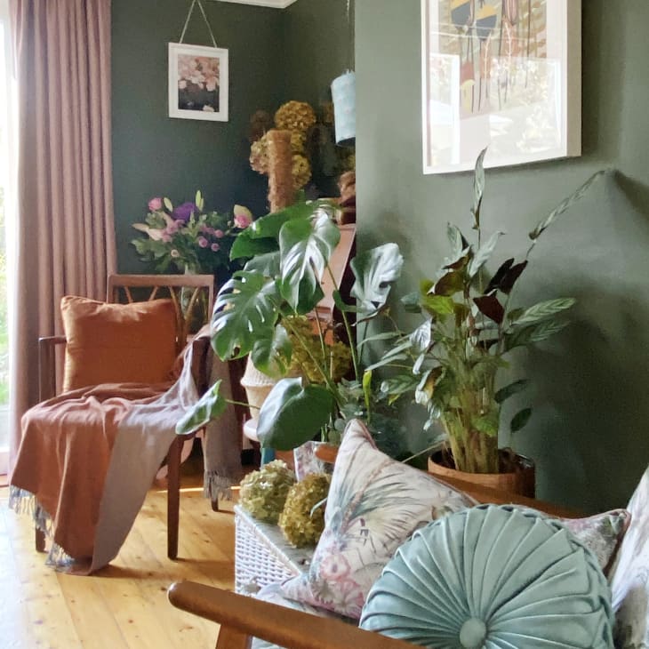 Living room with green walls, large plants, floral cushions, and a wooden chair by a glass door leading to a garden.