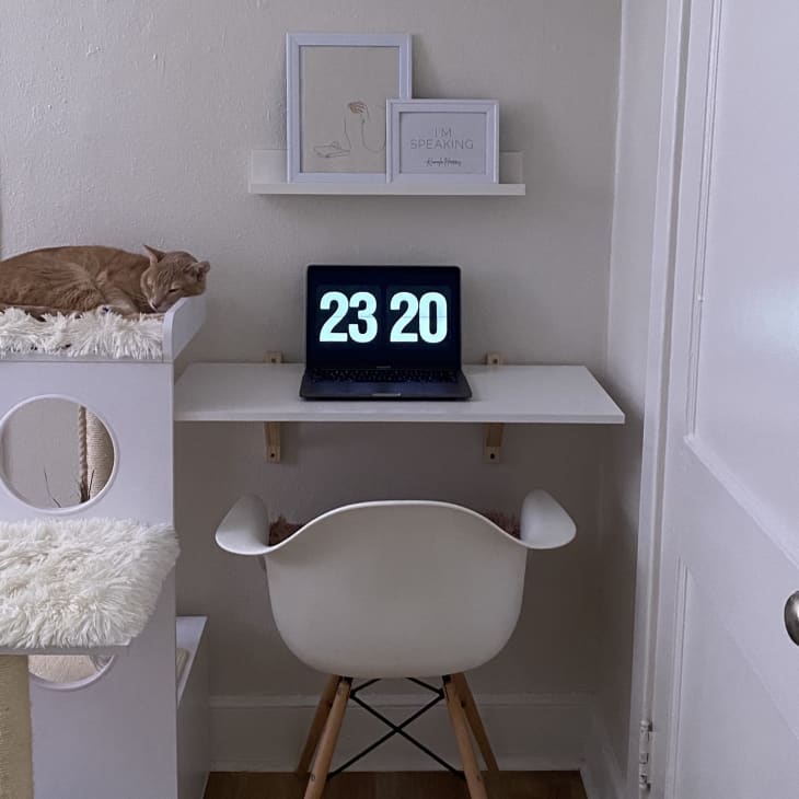 Home office with white furniture and cat sleeping atop cat tower