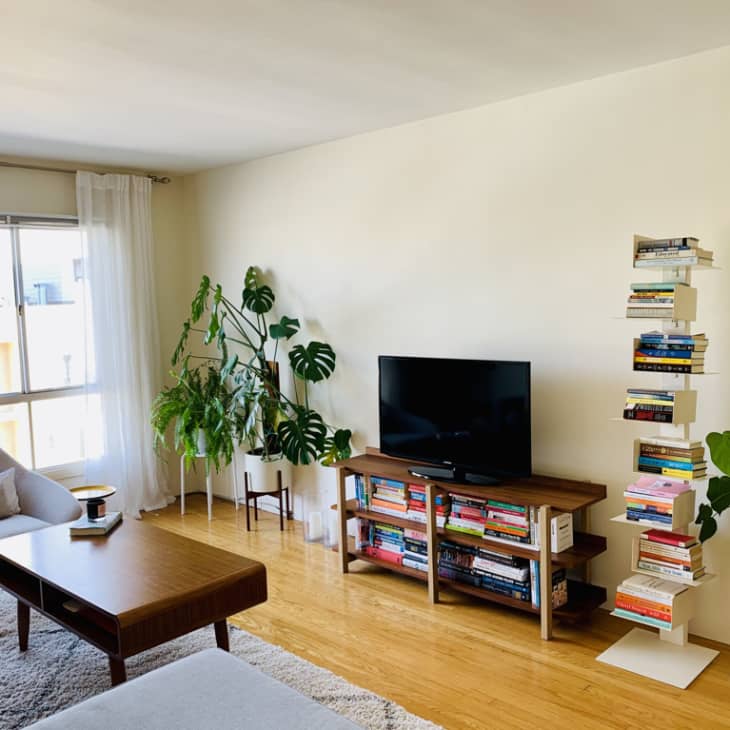 TV stand in living room with tall bookshelf next to it