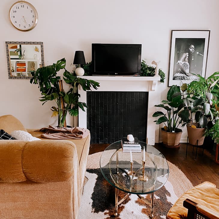 Cozy living room with tan sofa, glass coffee table, black fireplace, TV, wall art, and lush green plants.