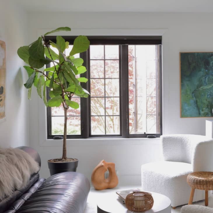 Living area with brown leather sofa, white boucle chair, and large window