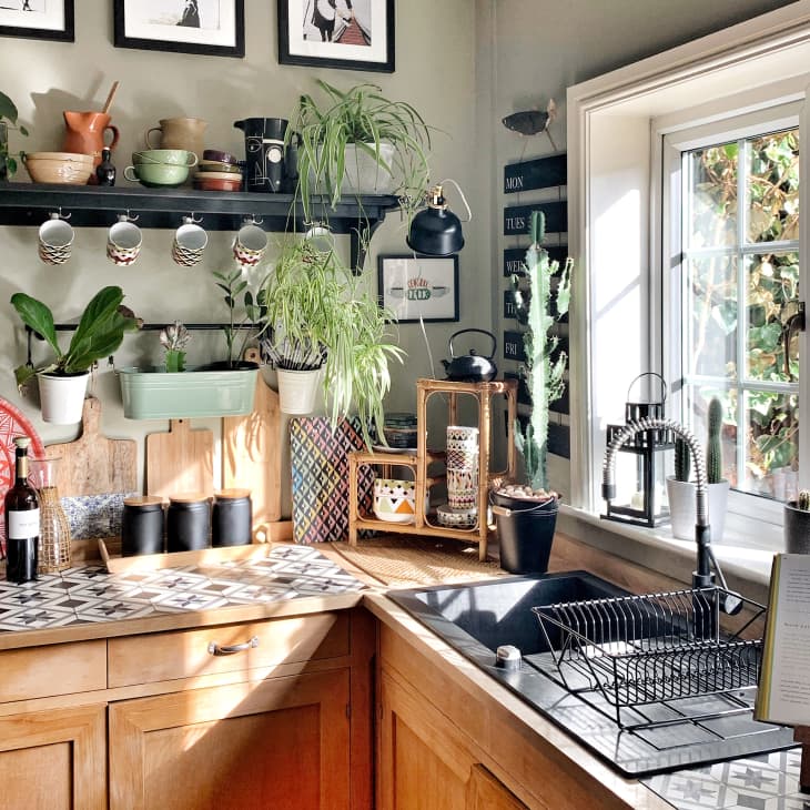 Kitchen with green walls, light wood cabinets and counters, and lots of kitchen accessories on display
