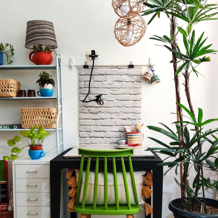 Tall potted tree next to desk with green chair