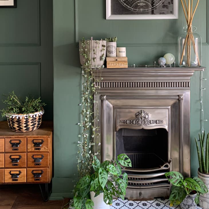 Close-up of fireplace and side table with plant on it