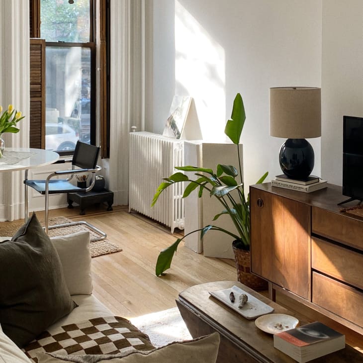 Cozy living room with a white sofa, wooden TV stand, potted plant, and round table with yellow tulips by the window.