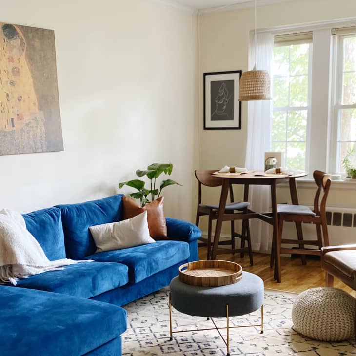 Living room with blue sofa