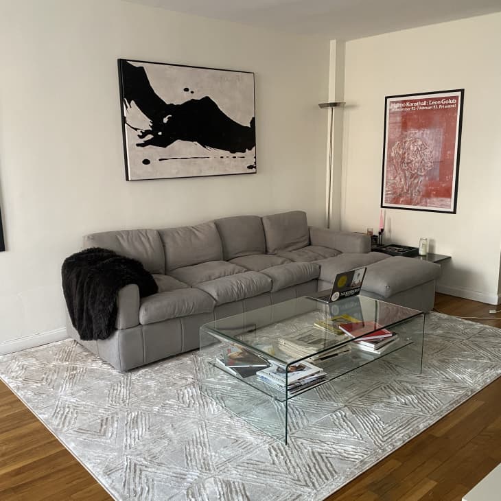 Gray sectional in corner of living room