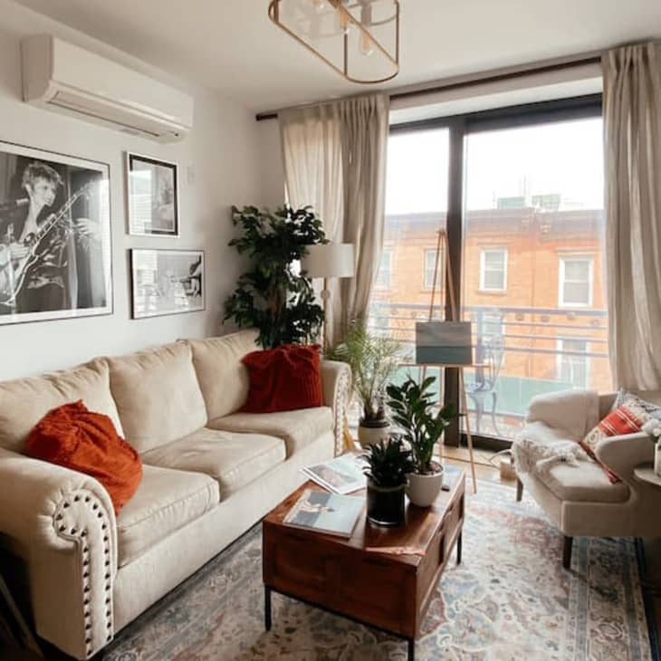 Cozy, bright living room with large sliding doors