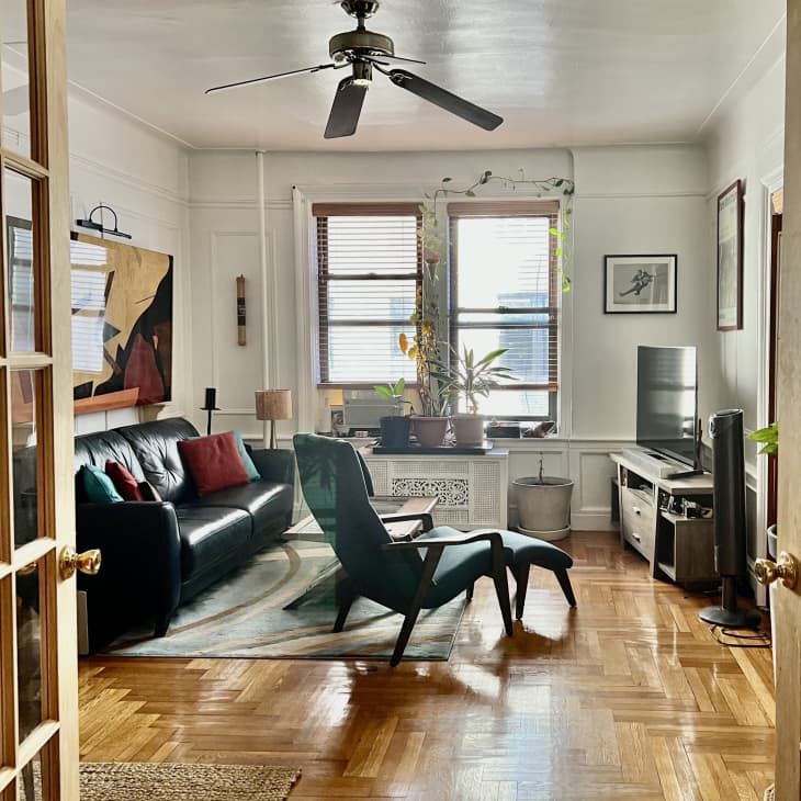 Living room with black sofa, green chair, abstract art, plants, and TV on wooden floor.