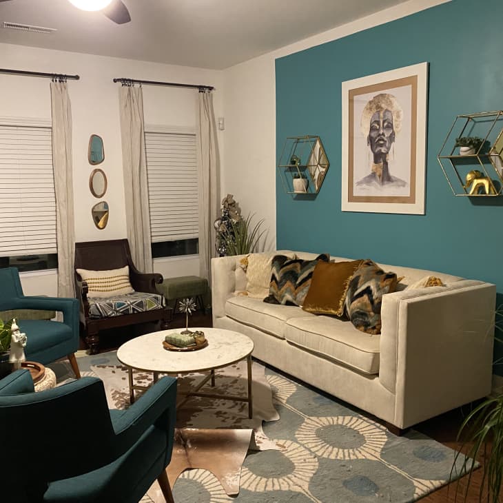 Living room with teal accent wall