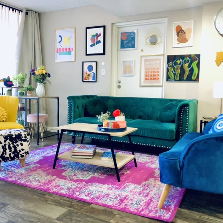 Vibrant velvet couch and chairs