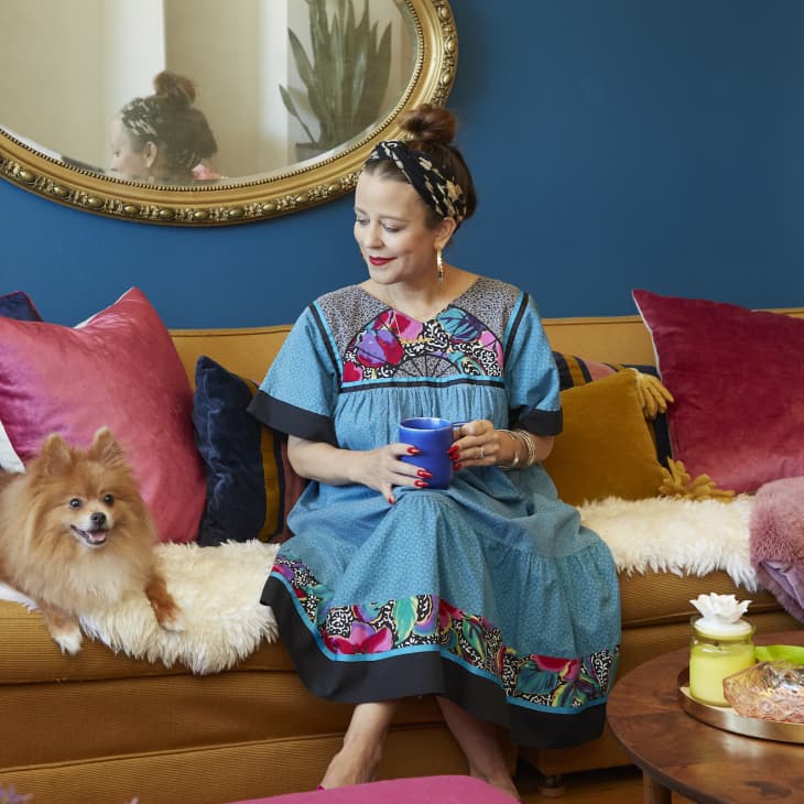 Blue living room with woman and dog on sofa