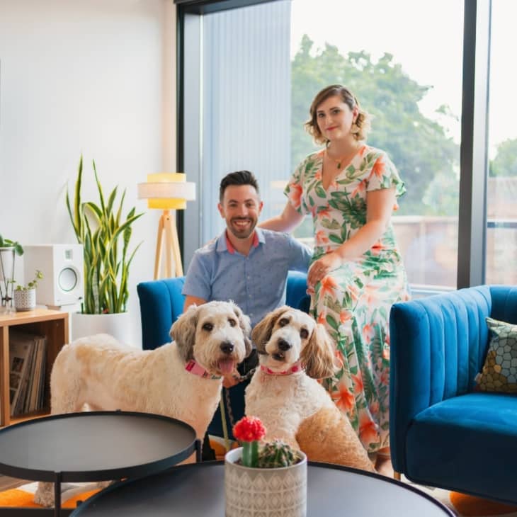 A man and woman in their living room with two dogs