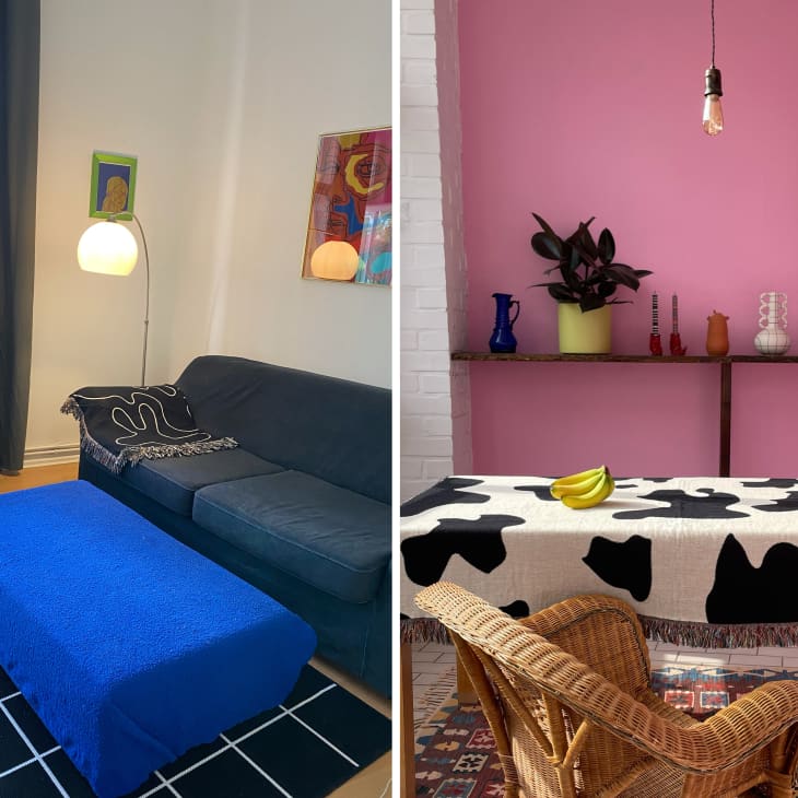 Living room with blue sofa, green armchair, and blue ottoman; dining area with pink wall, cow-print tablecloth, and wicker chairs.