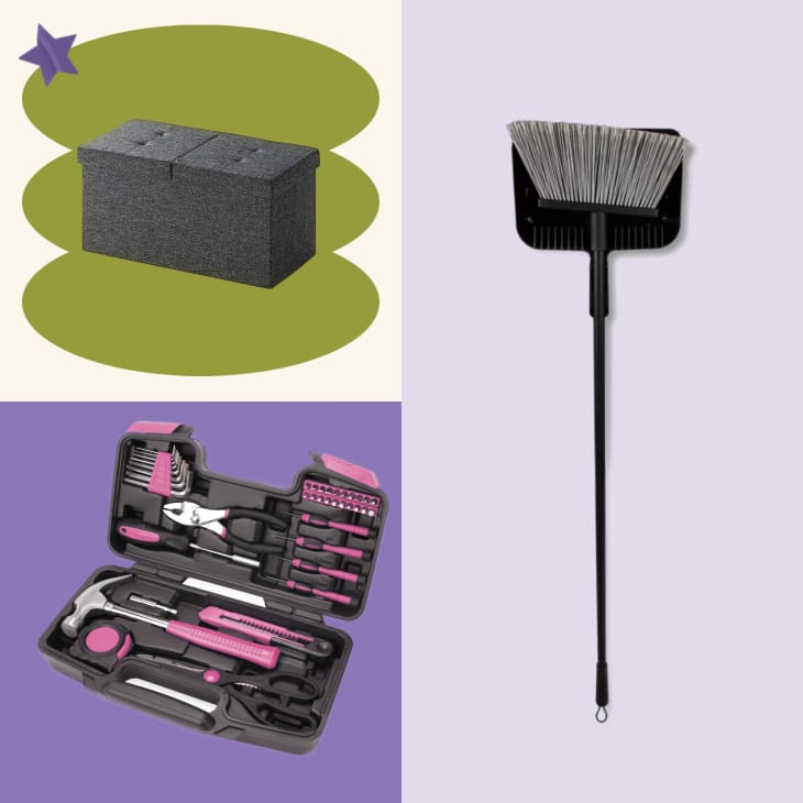 black broom, grey ottoman, pink and black tool kit