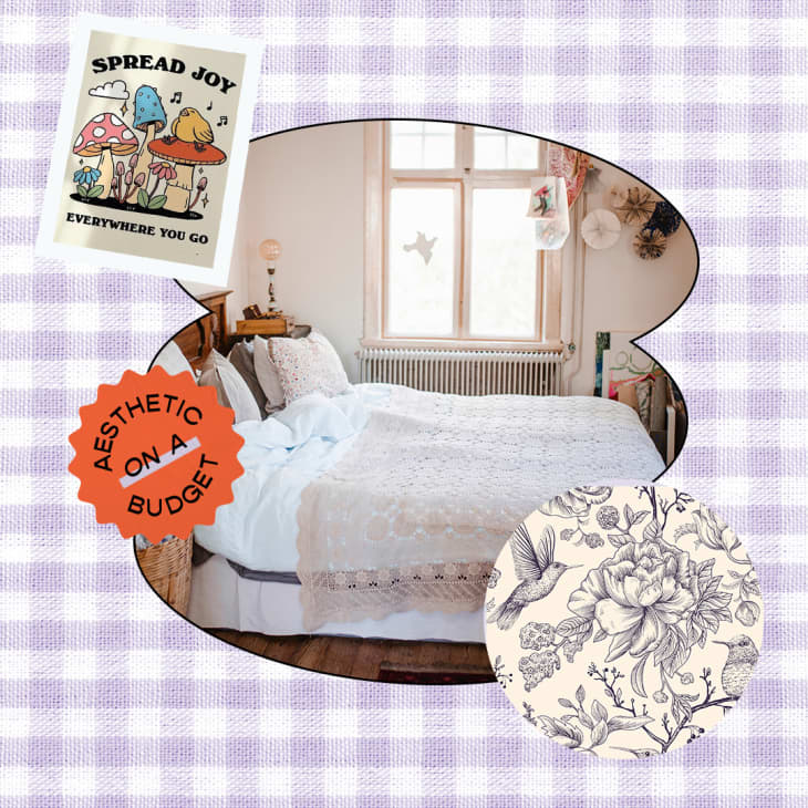 Collage of cottagecore decor with groovy mushroom print on top left, image of a cottagecore decorated bedroom in the center and floral wallpaper on bottom right.